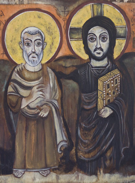 Ikona malowana techniką olejną na desce - Pamiątka Pierwszej Komunii Świętej przedstawiająca Jezusa Chrustusa i Św. Menasa.