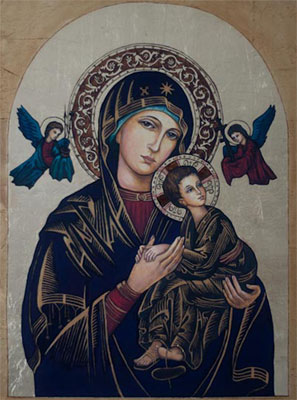 Ikona malowana techniką olejną na desce ze złoceniami - Pamiątka Chrztu Świętego przedstawiająca Matkę Boską Pasyjną